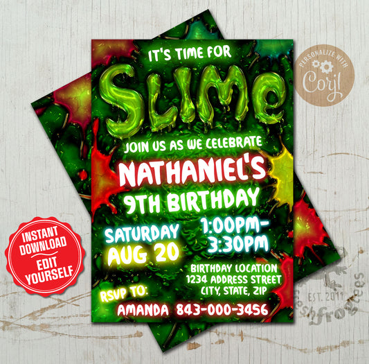 Slime birthday invitation printable digital invite - EASY EDIT!