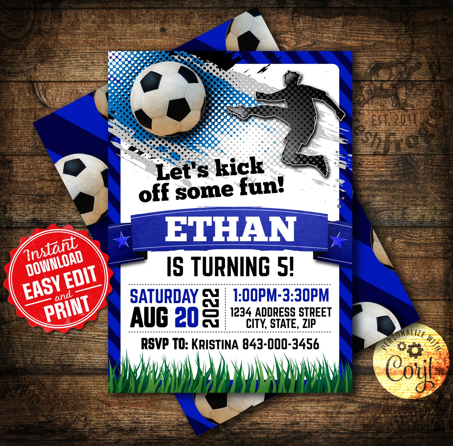 Soccer birthday invite blue digital download