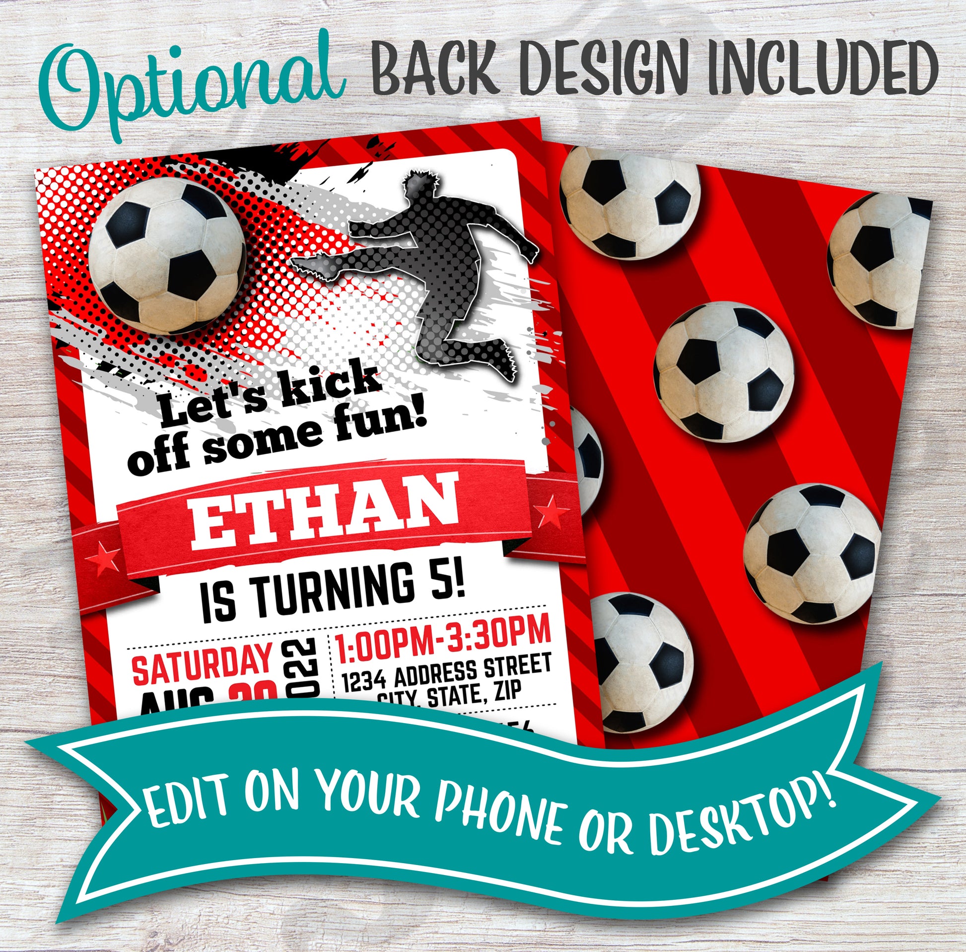 soccer birthday invitation red back design