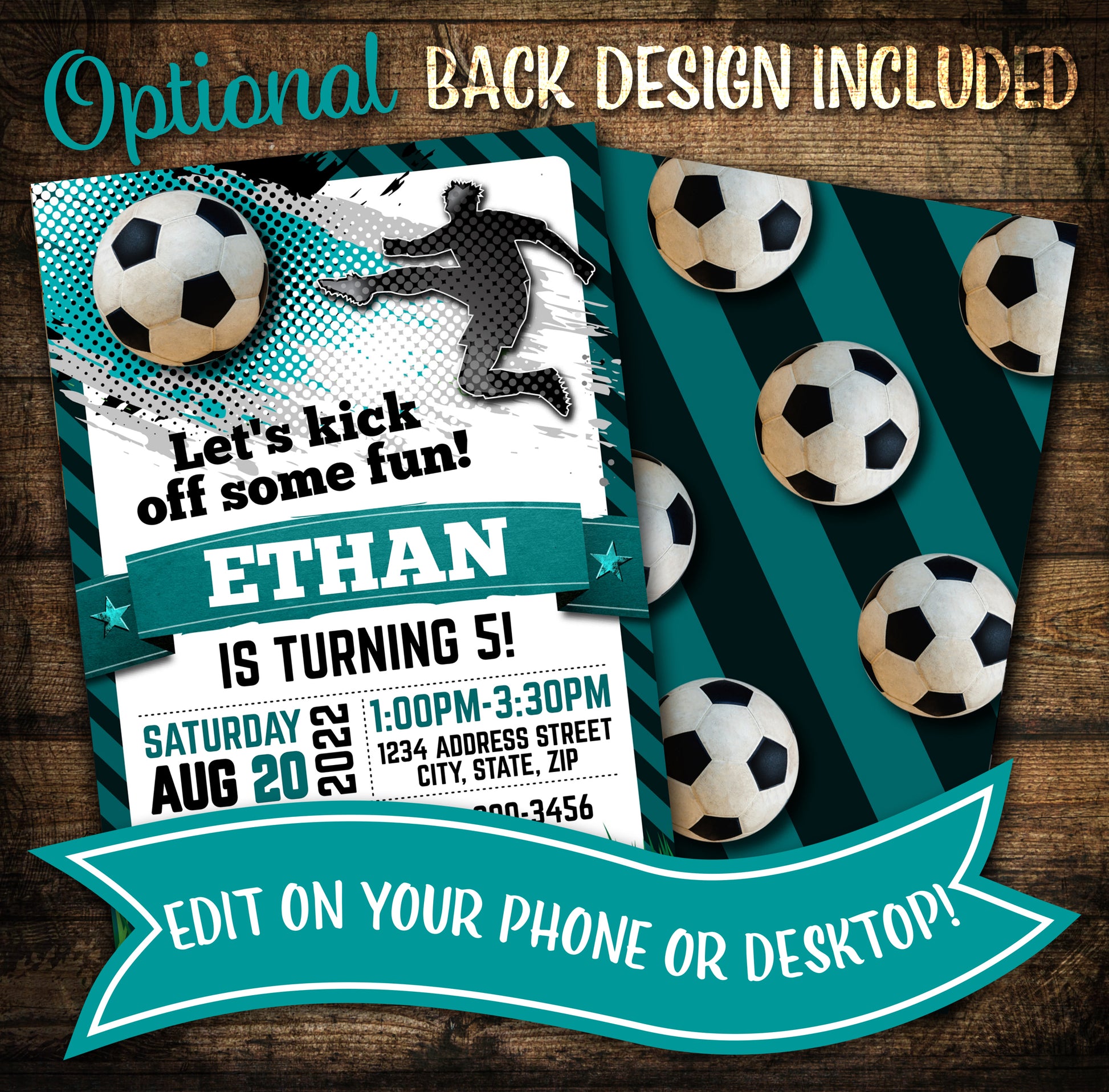 soccer birthday invitation teal back design included