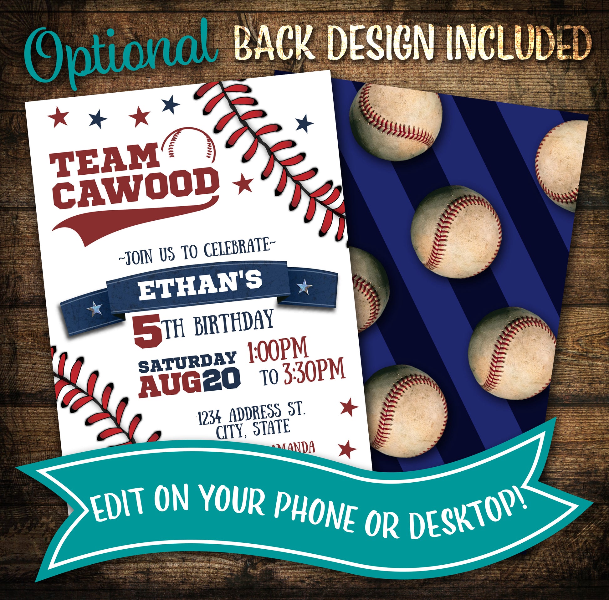 Personalized team name baseball invitation with back design