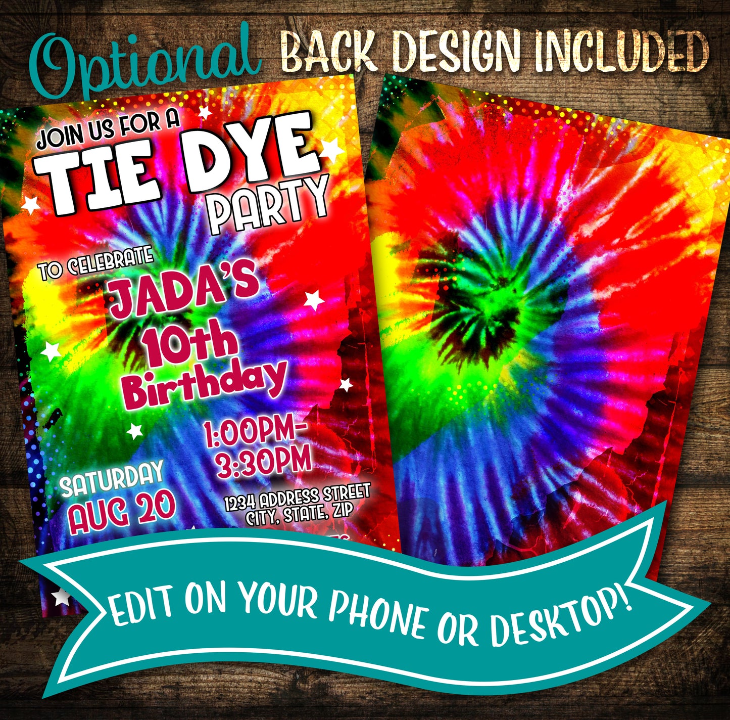 tie dye birthday invitation with optional back