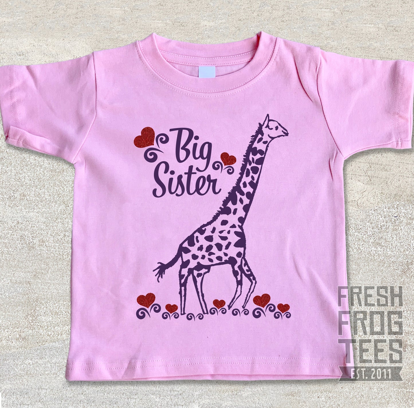 Big sister giraffe sibling shirt glitter hearts