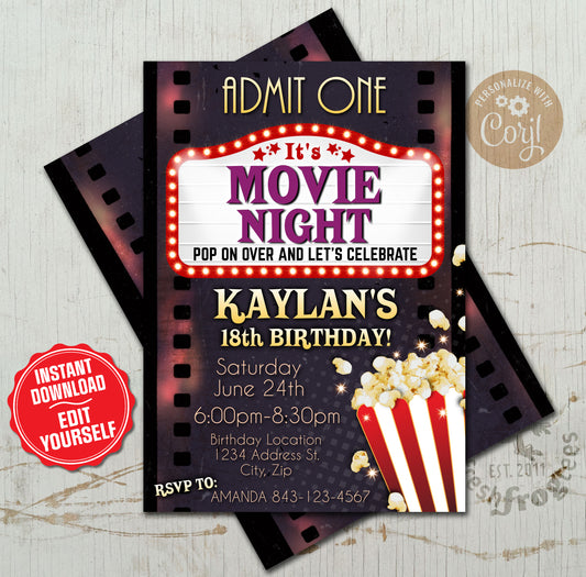 Movie night birthday invitation popcorn rsvp invite - EASY EDIT