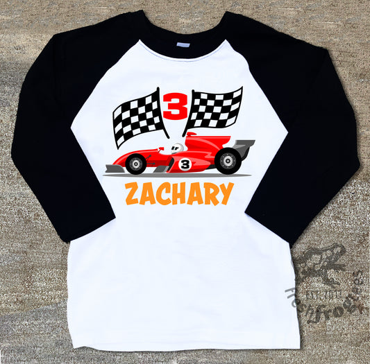 Race car birthday shirt for boys raglan
