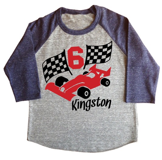 Race Car Personalized Birthday Raglan shirt