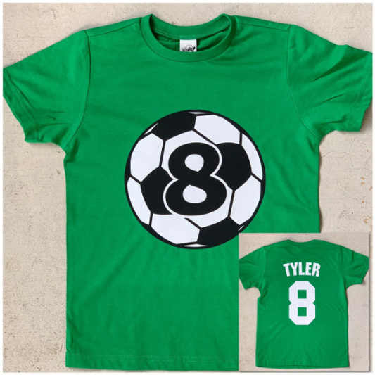 soccer ball birthday on green shirt